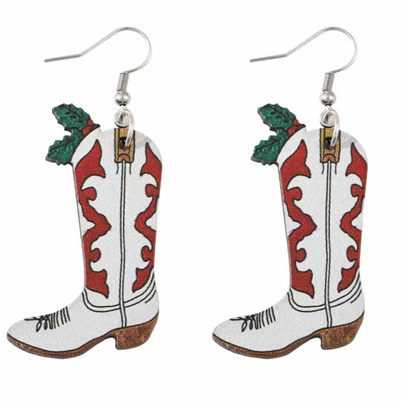 Wooden Christmas Cowboy Boot Earrings - Picture 2 of 4